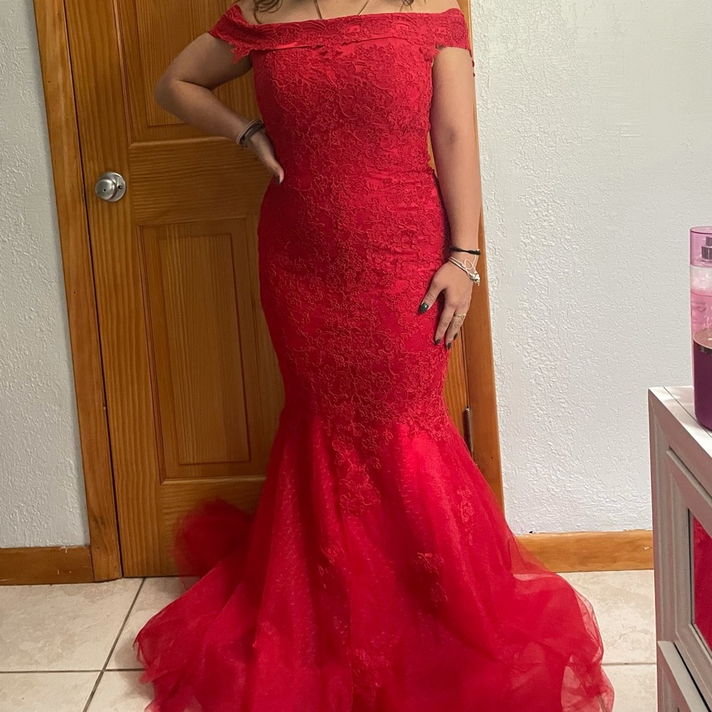 Red mermaid formal prom dress
